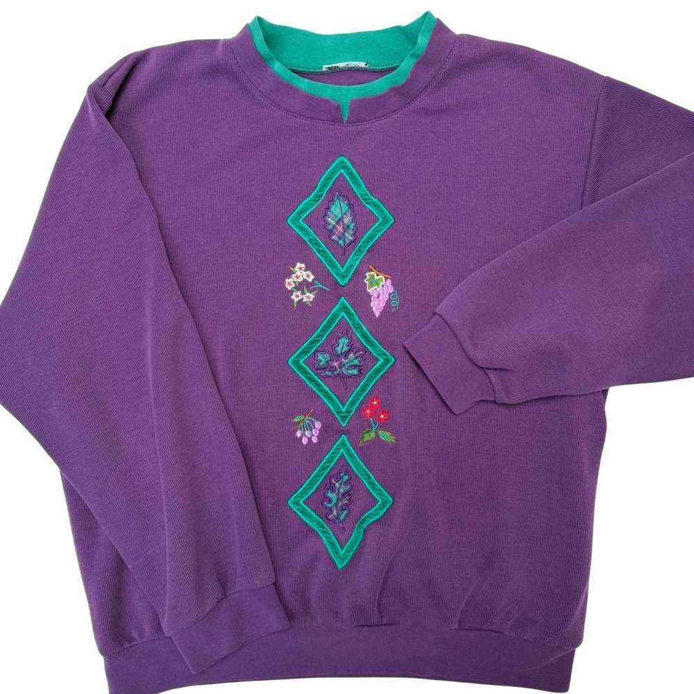 Vintage‎ 90s Floral Embroidered Purple Medium Pullover Cottagecore Cabin